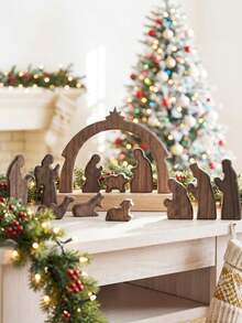 Wooden Christmas Miniature Figurines, Minimalist Bohemian Style Desktop Christmas Nativity Scene Decoration, Suitable For Indoor Home, Fireplace Mantel, Tray Decor, Dining Table, Bookshelf, Office - Multicolor - View 10