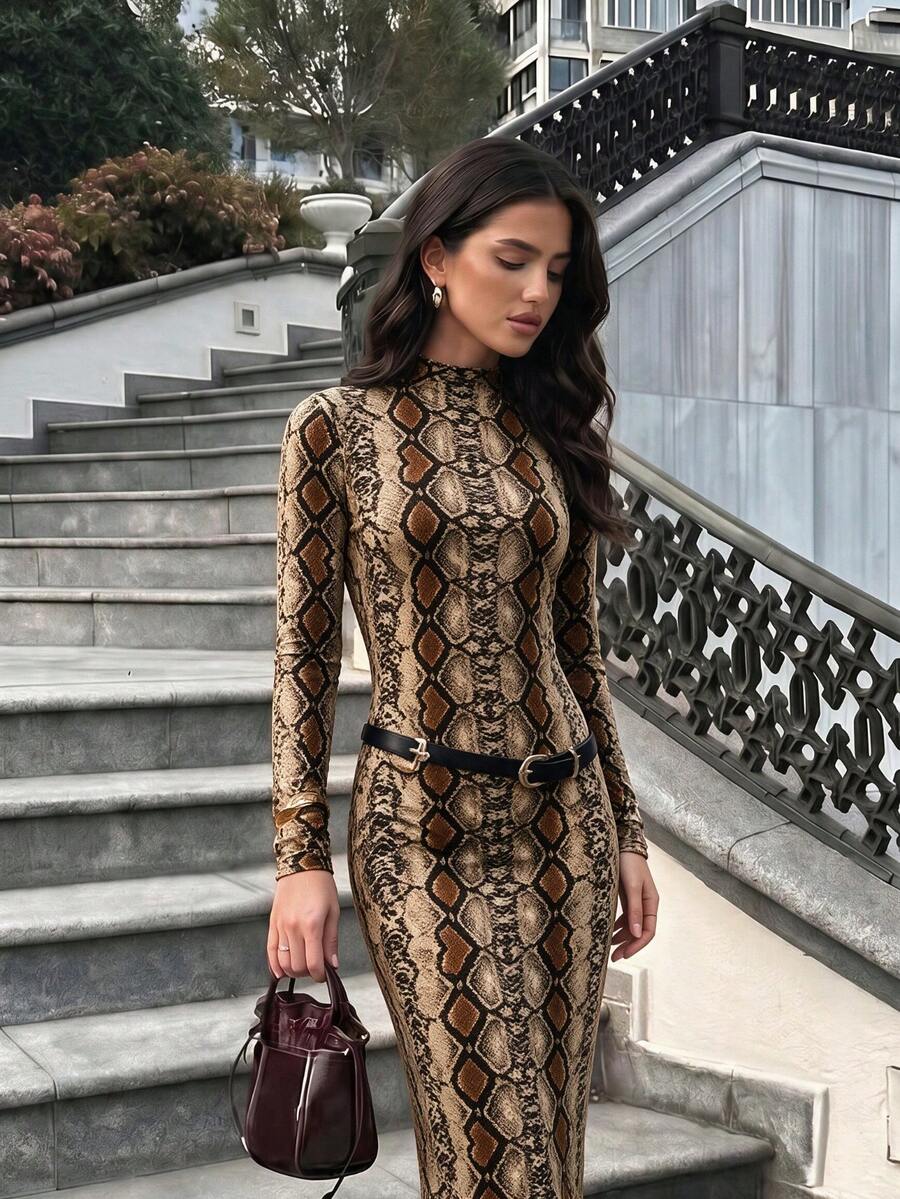 Dirp Noir Women's Autumn French Vintage Snake Print Long Sleeve Bodycon Midi Dress, Suitable For Commute, Office, Party, Halloween - Khaki - View 1