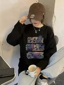 Women's Loose Fit Cartoon Print Long SleeveT-Shirt, Versatile For Spring And Autumn Casual Black - Black - View 5