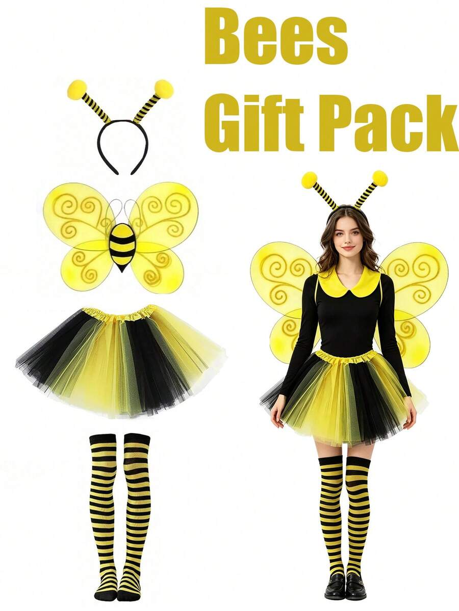 4pcs Cute Bee Costume Set: Bee Striped Dress + Headband + Bee Wings + Striped Socks, Perfect For Carnival, Festivals, Parties And Role Play, Halloween Cosplay - Multicolor - View 1