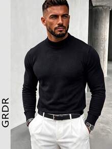 GRDR Men's Autumn/Winter Solid Color Half-High Neck Long Sleeve Sweater - Black - View 5