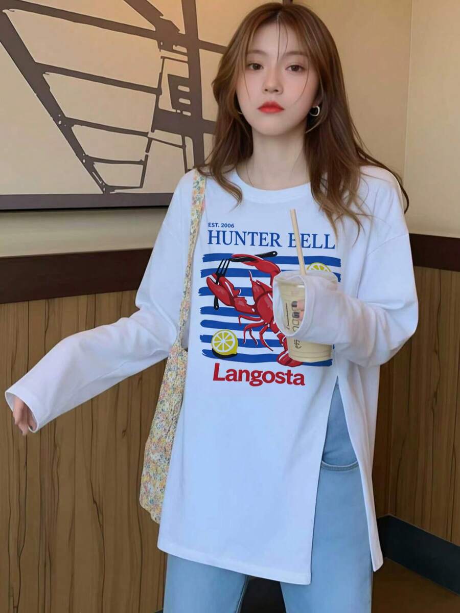 Women's American Style Fun Lobster Print Side Slit Long Sleeve T-Shirt, Loose Mid-Length Slouchy Flattering Versatile Casual Top - White - View 1