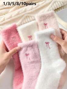 5 Pairs Bow Pattern Plush Over-The-Knee Socks For Women, Warm And Soft, Suitable For Autumn/Winter Wear, Also An Ideal Gift - Multicolor - View 8