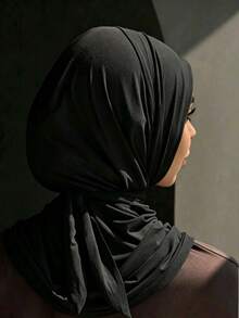 1件女款純色後抽繩拉帽，彈性頭巾頸圍，透氣舒適寬邊吸汗防滑運動頭巾帽，希賈布帽/頭巾，適合日常穿著、運動、瑜伽、健身與時尚造型 - 黑色 - 查看 4