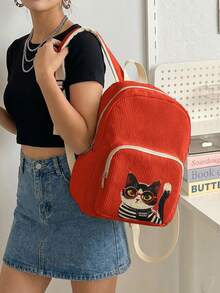 1PC Kitten‑Print Women Mini Backpack, Corduroy Girl School Bag, Travel Storage Bag, Large Capacity Foldable Lightweight Backpack, Multi‑Pocket Layered Design With Zipper Closure - Cartoon Kitten 23043 - View 3