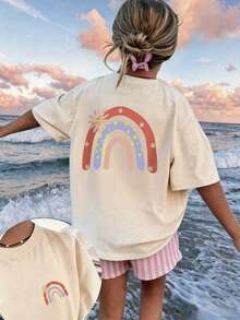 Tween Girls' Casual Purple Graphic Print Round Neck Short Sleeve T-Shirt, Summer Top - Apricot - View 7