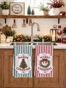 2pcs Red & Green Striped Classic Christmas Wreath & Christmas Tree Pattern Kitchen Towels, 40*60cm Soft Microfiber Tea Towels, Suitable For Home Kitchen, Restaurant, Outdoor Camping, Tabletop Cleaning, Dish Towel, Hand Towel, Christmas Theme Kitchen Towels, Holiday Gift - Multicolor - View 4