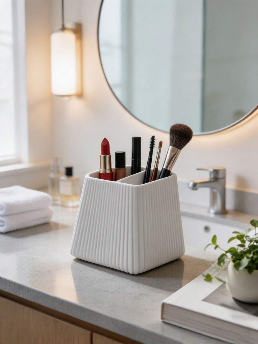 1Pc Makeup Brush Holder,Cosmetic Storage Organizer,Desktop Sorting Caddy,Vanity Counter Space‑Saver,For Bathroom Vanity Bedroom Dresser Countertop,Vertical Striped Multi‑Compartment Organizer,Practical Holiday Gift For Women Girls. - Multicolor - View 1