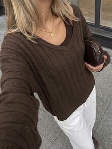 MORI Fall Winter Women Sweaters Elegant Casual Y2K Dark Brown V Neck Ribbed Knit Tops Loose Drop Shoulder Pullover Daily Streetwear Outfits - Brown - View 3