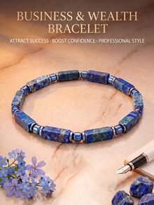 Casual Commuter Style Natural Lapis Lazuli Rectangular Column Vintage Imperial Blue Natural Crystal Beaded Bracelet, Handmade Gold-Plated Spacer Strong Rope, Premium Business Men's Gift For Boyfriend - Multicolor - View 6