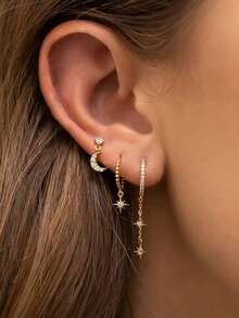 rundraw 7pcs Women's Earring Set, Gold Copper Material, Sun & Moon CZ Inlaid Elegant Vintage Style Jewelry Set Suitable For Ball, Party, Gathering - Gold - View 2