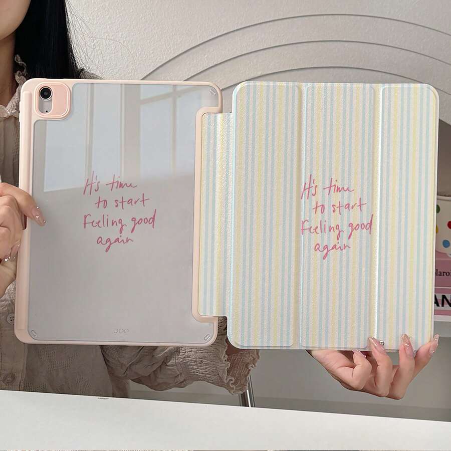 1pc Light Blue & Yellow Striped "It's Time To Start Feeling Good Again" Handwritten Text High Transparency Acrylic Back Protective Case, With Pen Slot, Multi-Angle Magnetic Stand, Supports Auto Sleep/Wake, Tablet Protective Case, Compatible With IPad PRO/AIR, Pad 5/6/7, MatePad