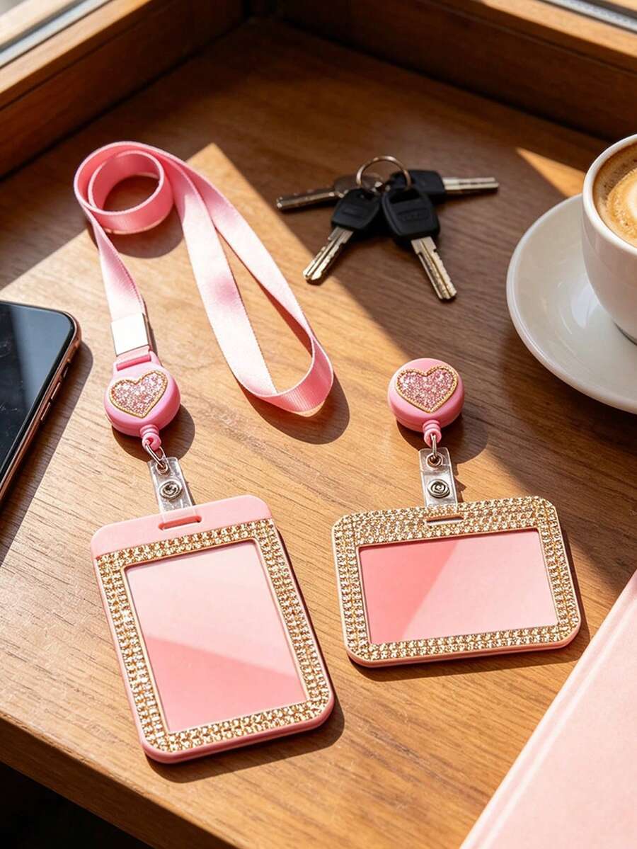 Rhinestone ID Card Holder With Lanyard, Retractable Badge Holder Features Rhinestone Heart Decoration. Student Card Holder, Sliding Card Sleeve, ID Card Storage Bag, Bank Card And Badge Holder, Suitable For Commuting, School, Birthday Gift, Halloween, Christmas - Multicolor - View 1