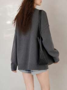Women's Autumn/Winter Casual Minimalist 2 In 1 Lapel Cardigan Knit Sweater - Dark Grey - View 2