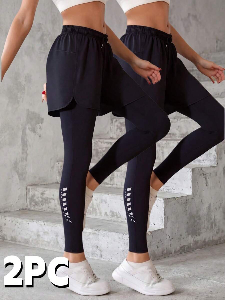 Knot & Curve 2pcs Women's Sports Leggings, 2-In-1 Fitness Pants For All Seasons, Anti-Exposure, Elastic Lining With Pockets, Running Print Black - Black - View 1