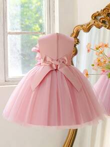 Gaun Malam Elegan Model Putri dengan Kerah Bulat dan Bordir Bunga 3D dari Jala untuk Anak Perempuan, Cocok untuk Pesta Ulang Tahun, Bando Tidak Termasuk - Dusty Pink - View 5