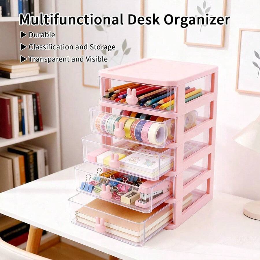 1pc Fashionable Rabbit Shaped Drawer Storage Box, Mini Transparent Plastic Desktop Organizer, Can Store Stationery, Cosmetics And Small Items, Cute Rabbit Design Desktop Sorting Box, Exquisite Desktop Decoration, Suitable As Birthday Gift For Girls - Multicolor - View 1