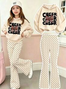 Girls' And Teens' Apricot Hooded Sweatshirt With Creative Letter And Bow Combination Print, Paired With Apricot All-Over Print Flare Pants, Fashionable And Versatile, Minimalist Yet Stylish Design Makes It An Ideal Choice For Casual Daily Wear, Especially Suitable For Autumn And Winter - Apricot - View 1