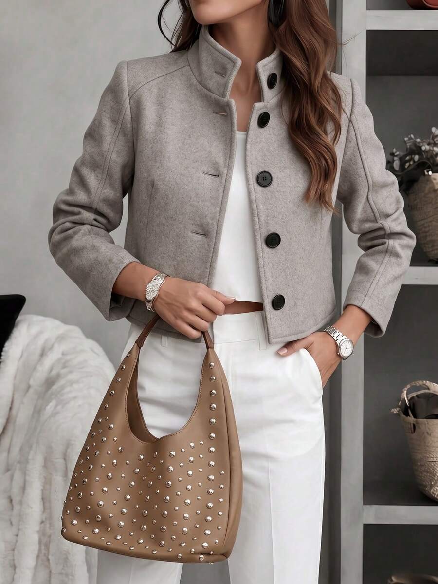 Women's Grey Wool Coat, Long Sleeve Stand Collar Button Short Jacket For Fashion Daily, Office, Commute, Spring Fall Winter Wardrobe Essential - Camel - View 1