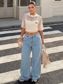 Plant Letter Cartoon Embroidery Washed Denim Pocket Everyday - Blue - View 5
