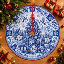 1pc Blue And White Porcelain Robin Pattern Christmas Tree Skirt, Elegant Holiday Decor, 5 Sizes, Unisex Holiday Gift, Suitable For Home And Party Christmas Home Decoration - Blue and White Robin Porcelain - View 1