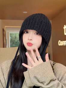 Japanese Style Knitted Knitted Ear-Protective Beanie Hat For Women, Autumn/Winter Retro Drawstring Slouchy Hat, Soft Warm Windproof Cold Weather Cap, Face-Slimming Minimalist Pullover Hat - Multicolor - View 4