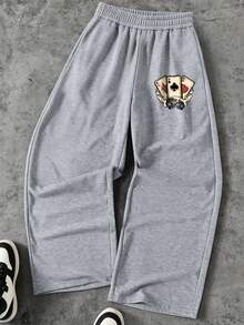 Teen Boys Versatile Personalized Poker Card Print Hoodie & Loose Wide Leg Pants 2-Piece Set, Autumn/Winter - Brown - View 6