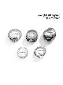 5pcs Gothic Punk Skull Eye Rings, Inlaid Plastic Gemstones, Men's Daily Party Wear, Gift For Family And Friends, Halloween - Antique Silver - View 5