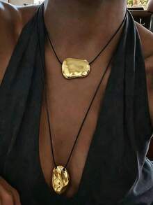 2pcs/Set Lava Pendant Double Layer Necklace, Abstract Asymmetrical Chunky Chain Necklace, Women Layered Jewelry, Suitable For Daily Wear And Party - Yellow Gold - View 2