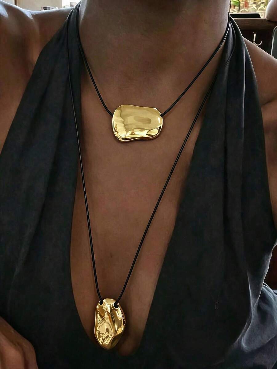 2pcs/Set Lava Pendant Double Layer Necklace, Abstract Asymmetrical Chunky Chain Necklace, Women Layered Jewelry, Suitable For Daily Wear And Party