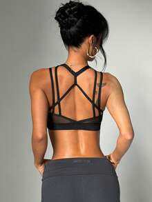 Women's Solid Color Removable Padded Crew Neck Mesh Patchwork Criss-Cross Sports Knit Bra - Black - View 2
