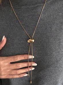 1pc French Minimalist Asymmetrical Gold Bead Y-Shaped Sweater Chain Necklace For Women, Adjustable Snake Chain Long Necklace With Liquid Metal Design Pendant, Versatile Accessory For High Neck Knitwear In Autumn/Winter - Gold - View 2
