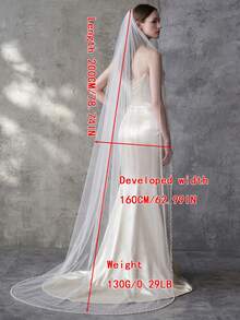 Extra Long Train Rhinestone & Pearl Trim Bridal Veil, Single Layer Soft Tulle, Church Ceremony Wedding Dress Accessory - Multicolor - View 11