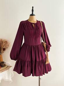 Rusttydustty Women's Red Vintage Bohemian Doll Dress, Lace Patchwork Design, Lantern Long Sleeves, Suitable For Daily Autumn Outings, Suitable For Halloween - Burgundy - View 2