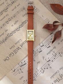 1pc Women's Vintage Rectangular Casual Fashion Minimalist Quartz Wristwatch, Maillard Aesthetic Accessory Watch Suitable For Daily Wear - Brown - View 5