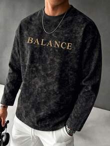 男士春夏/秋冬時尚百搭極簡「BALANCE」英文線條心臟與大腦印花圓領仿水洗長袖T恤 - 黑色 - 查看 3