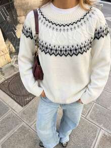 Women's Winter Fair Isle Pattern Knit Sweater With Ribbed Details, Autumn Fashion Comfortable Long Sleeve Regular Fit Top - White - View 5