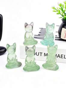 Natural Green Fluorite Meditating Cat Carving, Crystal Meditation Cat Hand-Held Piece, Cute Desktop Mineral Craft Ornament - Fluorite Cat - View 2