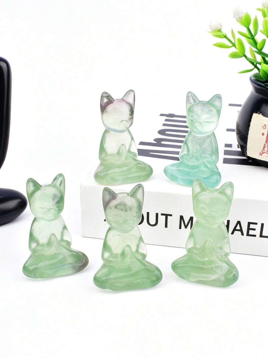 Natural Green Fluorite Meditating Cat Carving, Crystal Meditation Cat Hand-Held Piece, Cute Desktop Mineral Craft Ornament