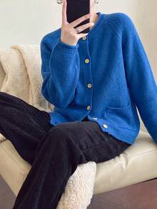 Women's Autumn/Winter Casual Minimalist Dual Pocket Design Knit Cardigan Sweater - Blue - View 5