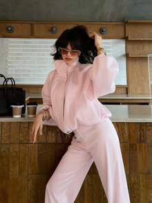 Women's 2 Pieces Set: Fashionable Casual Elegant Commute Daily Versatile Solid Color Jacket Windbreaker Coat And Long Pants Pink Fall - Pink - View 5