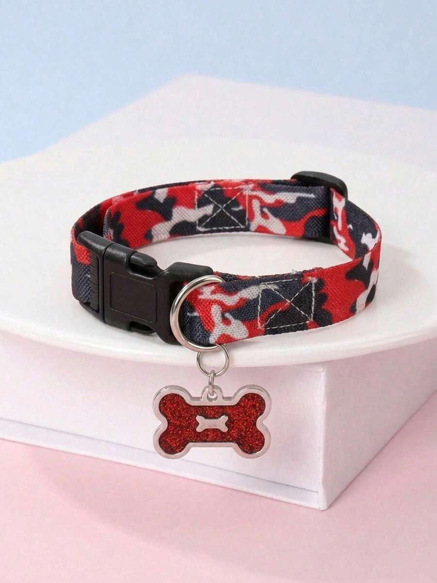 Nylon Material Fashionable Unique Red Camouflage Pattern Red Bone Pet Collar, Suitable For Cats And Dogs, Ideal For Toy Poodles And Bichons And Other Small Happy Dogs, For All-Season Outdoor Activities - Red - View 1