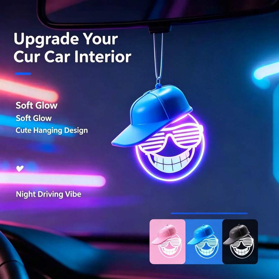 1Pc Cool Smiling Face Car Hanging Neon Light With Hat, USB Rechargeable LED Auto Rearview Mirror Pendant Lamp, Colorful Glowing Interior Decor Ornament