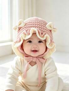 1pc Cute Bow Ruffle Knit Hat, Soft Thermal Lined Winter Tie Earflap Hat, Sweet Princess Style Girls Hat, Suitable For 0-3 Years Old - Multicolor - View 1