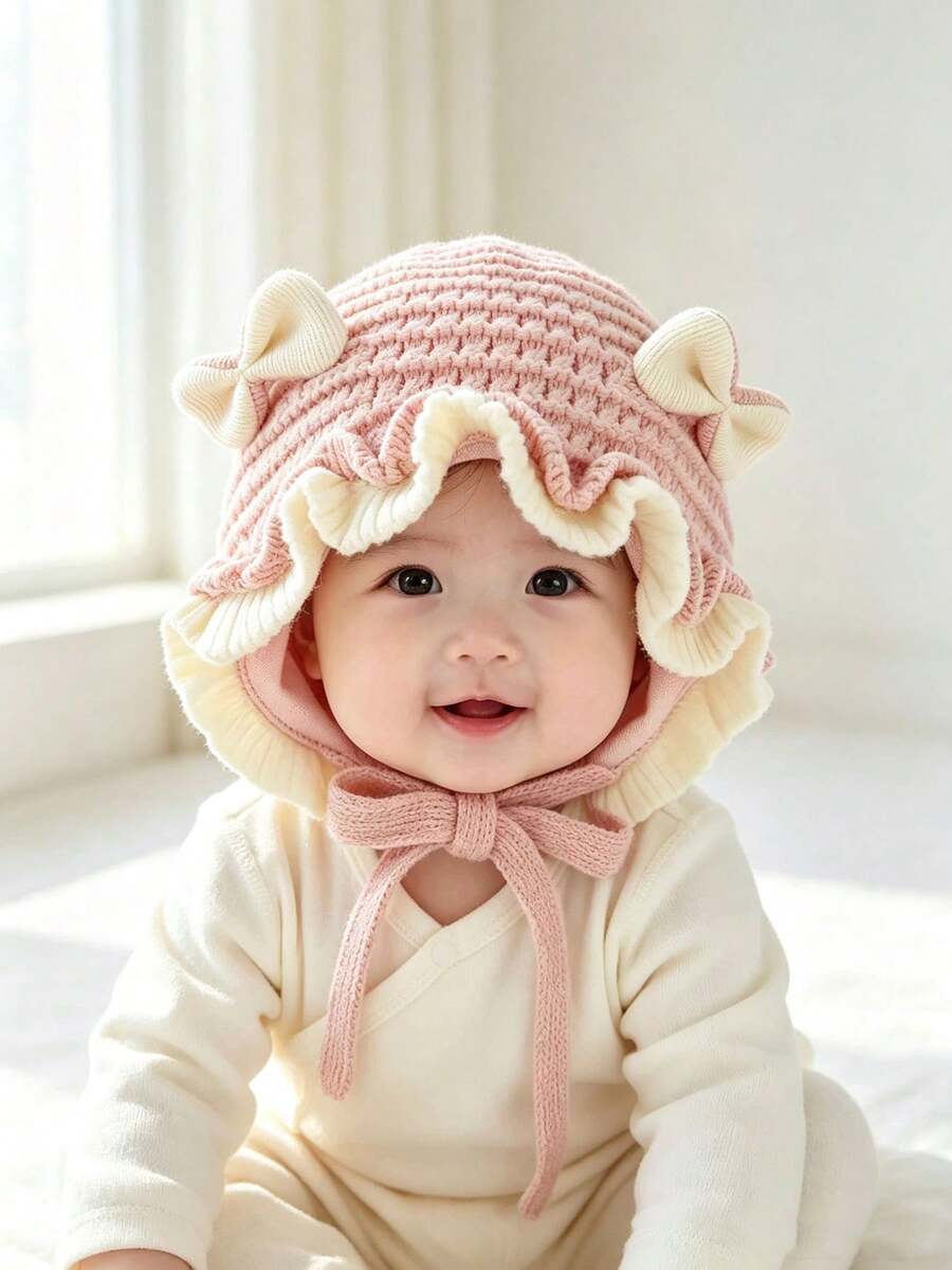1pc Cute Bow Ruffle Knit Hat, Soft Thermal Lined Winter Tie Earflap Hat, Sweet Princess Style Girls Hat, Suitable For 0-3 Years Old - Multicolor - View 1