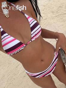 Onefish Pink & Burgundy Striped Triangle Bikini Set, Tie Neck, Adjustable Back, Sliding Triangle Cups, Removable Padding, Soft Stretchy Fabric, Multicolor Striped Pattern, Pink, Burgundy & White Contrast Colors, 2-Piece Swimwear Vacation Beach Summer - Purple - View 1