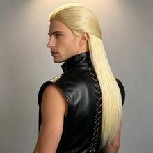 Medieval Vintage Noble Men Long Blonde Synthetic Straight Wig Natural Looking Half Ponytail Stylized Cosplay Halloween Party Costume Wig - Gold - View 3