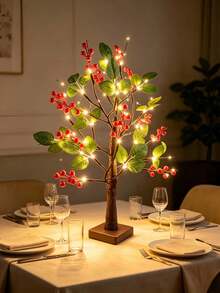 1 buah Lampu Pohon LED Daun Hijau Berry Merah 60cm, 24 LED, Daya Ganda USB & Kotak Baterai 3-AA, Cahaya Hangat, Ornamen Meja untuk Dekorasi Rumah dan Kamar Tidur Liburan Natal (Baterai Tidak Termasuk) - Kuning - View 6