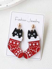 Christmas Holiday Acrylic Sock Cat Earrings, Cute Funny Personalized Exaggerated Ear Jewelry - Red - View 3