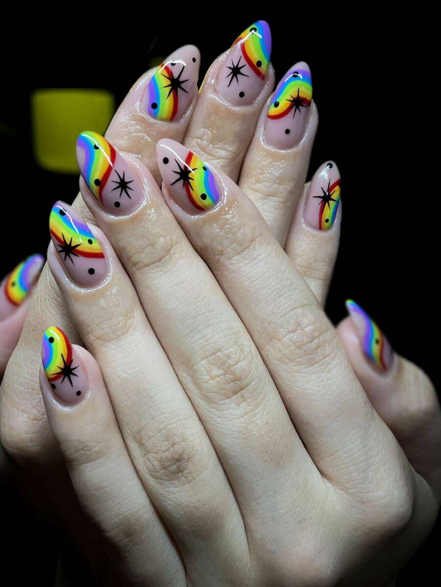 24pcs Almond Shaped Nail Stickers With Rainbow Design, Eye-Catching Vibrant Fashionable Press-On Fake Nails, Cute Sweet Cool Style, Removable Extended Nails For Women's Daily Wear, Graduation Prom And Wedding - Multicolor - View 1